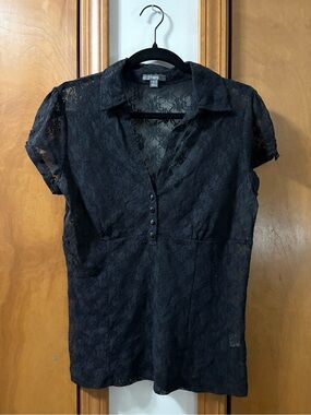 Apt. 9 Black Lace Short-Sleeve Button-Front Blouse